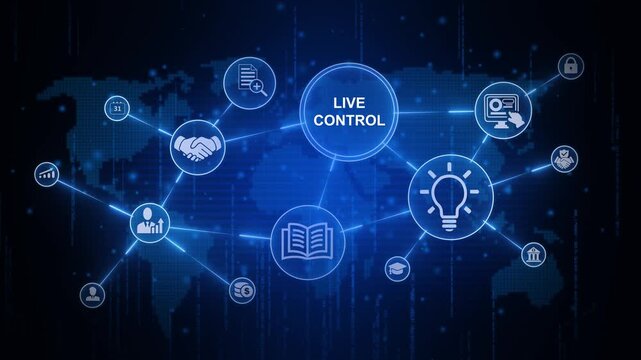 Futuristic live control HUD interface animation featuring glowing technology network nodes and real-time management icons over a dark digital world map background.