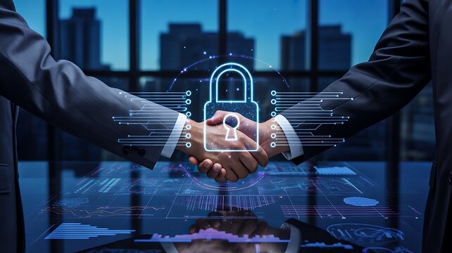 Business handshake with digital padlock symbol representing zero trust security and secure data access