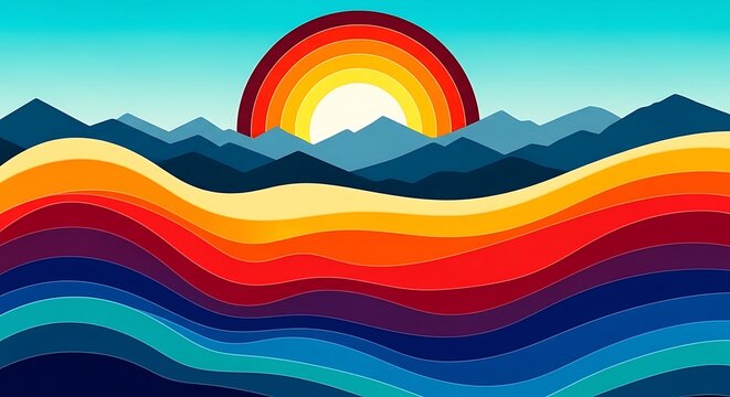 Retro 70s style landscape with abstract colorful wavy layers and sun