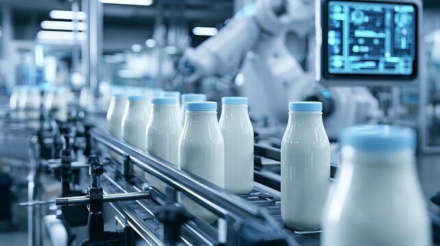 automated dairy bottling factory, milk bottles moving on intelligent conveyor line, robotic production monitoring