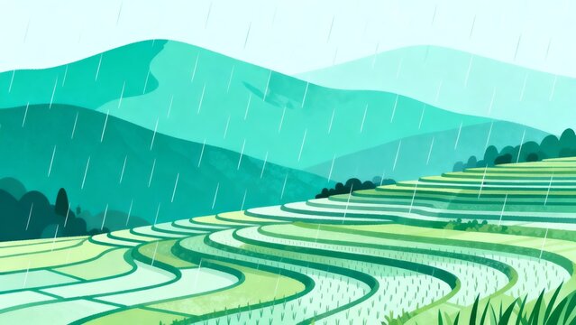 Flat illustration of terraced fields and mountains and rivers in spring rain