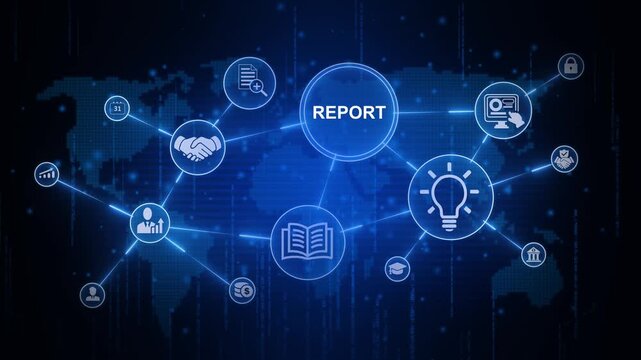 Futuristic report HUD interface design featuring glowing technology nodes and business performance charts over a dark digital world map background for corporate auditing.