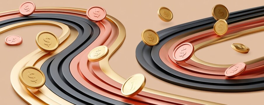 Gold and copper coins flowing along curved metallic tracks, abstract financial motion and wealth concept