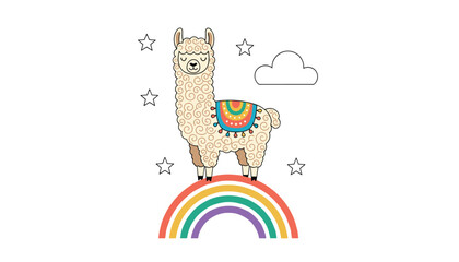 Naklejka premium Adorable cartoon llama standing happily on a colorful rainbow with a fluffy cloud and stars on a white background.