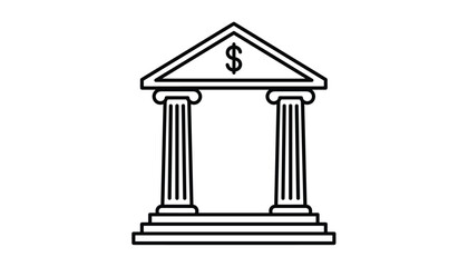 Obraz premium Classical bank building line icon with columns and a dollar sign, representing financial institutions, savings, and economy.