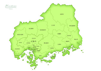 Obraz premium すべての市町村名を日本語で表記した、立体感のある日本の広島県の地図。A three-dimensional map of Hiroshima Prefecture, Japan, with all city and town names written in Japanese.
