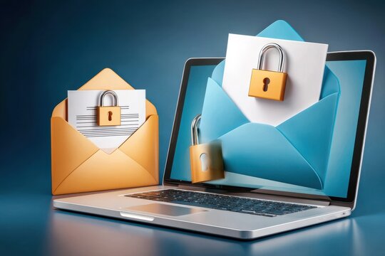 Secure email and encryption concept with locked envelopes on laptop for data protection and privacy