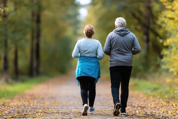 Fototapeta premium Seniors couple walking on autumn forest path enjoying active outdoor lifestyle