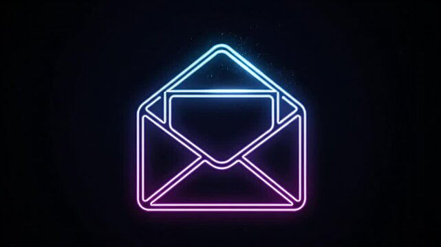 A glowing neon outline of an open envelope icon against a dark background