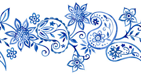 Seamless border of oriental floral and paisley ornaments. Blue watercolor frame © Tatiana