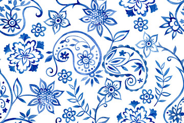 Seamless print of oriental floral and paisley ornaments. Blue watercolor pattern © Tatiana