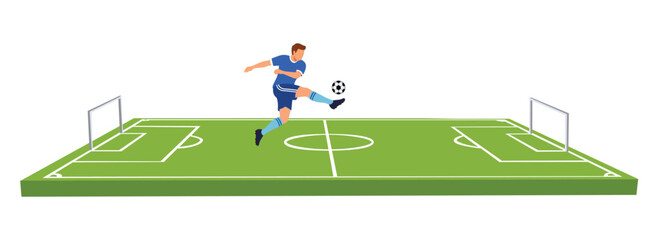 Soccer Player Kicking Ball on Football Field Illustration with Goal Posts and Green Pitch © TheShapeShifter