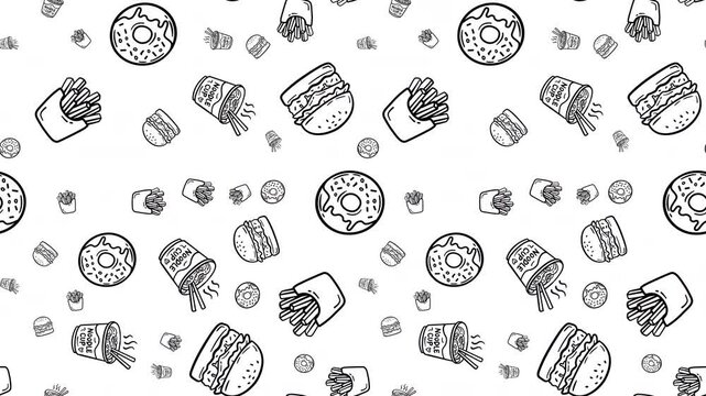 Seamless Looping Fast Food hand drawn icon Pattern Motion Graphic for Background Design