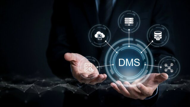 Businessman holding virtual interface with DMS document management system and connected database cloud network technology