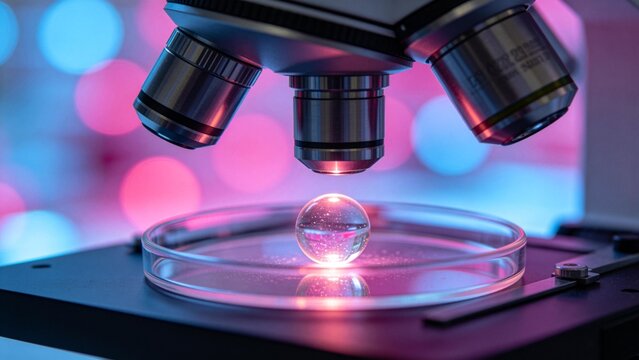 Microscope with spherical sample in petri dish