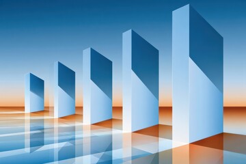 Fototapeta premium Abstract composition of five blue rectangular prisms reflected on a glossy geometric surface
