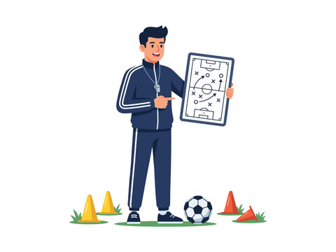Soccer coach vector illustration holding tactical board beside football and training cones