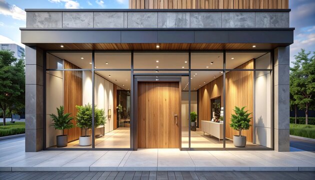 The luxury hotel entrance opens into a modern indoor room featuring a wooden floor, elegant furniture with a stylish chair and table, and a large window looking inside the building