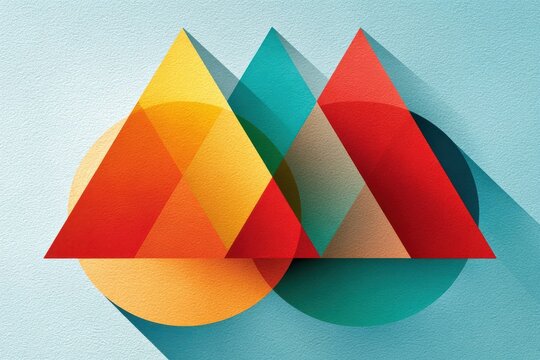 Abstract geometric composition of overlapping colorful triangles and circles with long shadows, modern flat design