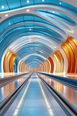 Fototapeta premium Futuristic blue and orange tunnel with glowing tracks and modern architectural corridor perspective