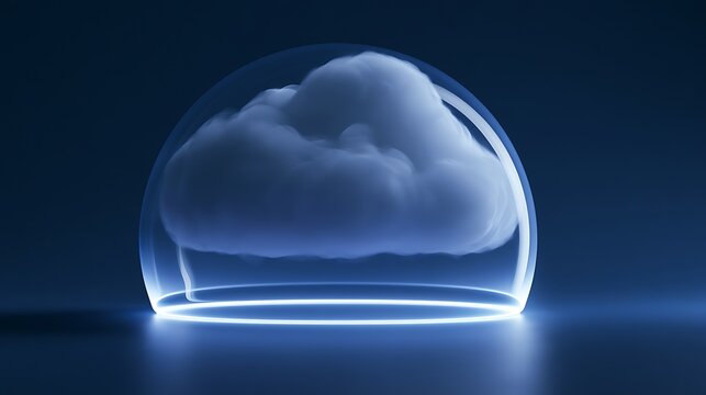 Floating secure cloud protected by a luminous shield, cloud security concept,