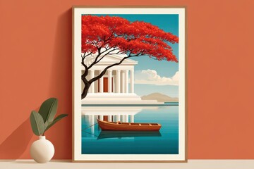 Naklejka premium Minimalist poster of a white classical building by water with a red tree and wooden boat