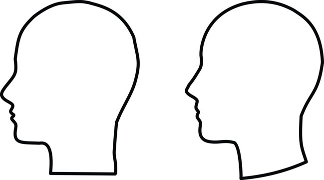 Two black outlined human head silhouettes facing right, minimal profile face icons on white background