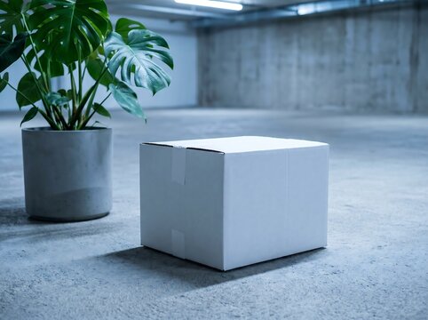 White Corrugated Shipping Box Closed Mockup on Concrete Floor with Monstera Plant Industrial Setting