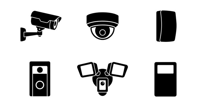 CCTV camera icon set, solid black, white background