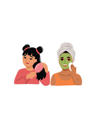 Fototapeta premium Girl combing hair and woman applying face mask on white background