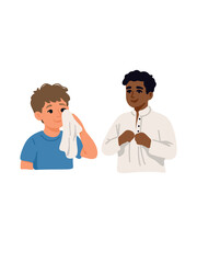 Fototapeta premium Boy wiping face and another boy putting on shirt on white background