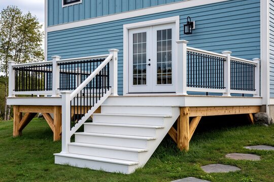 Deck construction in backyard of blue house with white stairs and black baluster railings