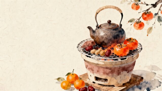 Ink-and-wash Chinese style oven boiled persimmon warm and interesting freehand brushwork traditional Chinese painting.