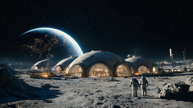 A Breathtaking View of a Lunar Base Colony with Earth in the Background