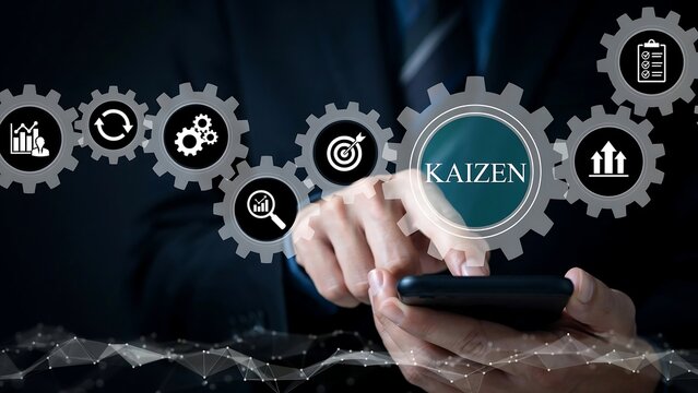 Strategic implementation of Kaizen principles for continuous business improvement, depicting a professional utilizing digital technology to drive growth and operational excellence