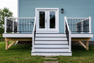 Fototapeta premium Deck with white stairs and railing in backyard patio of new home construction