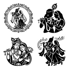 Flute Playing Krishna and Radha Scene Set © Sojib