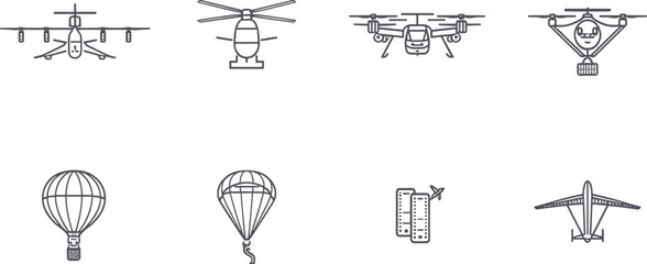 Obraz premium Minimalist vector line art icon set featuring various aviation and drone technologies collection including helicopter quadcopter drone airplane parachute balloon isolated on white