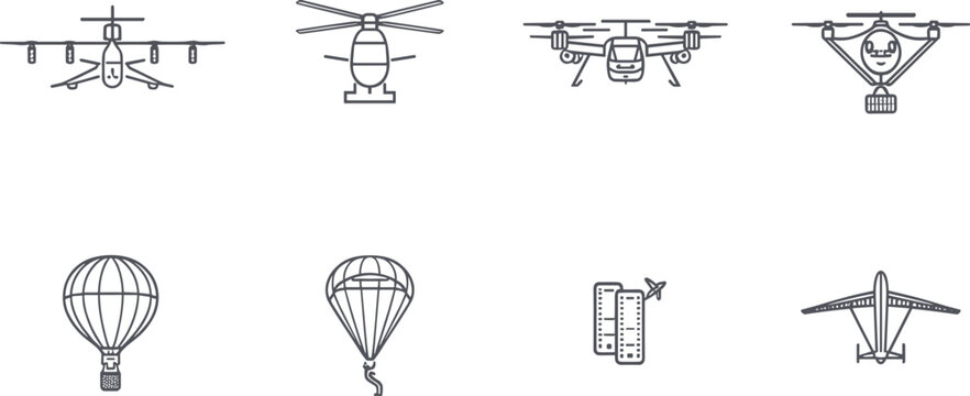 Minimalist vector line art icon set featuring various aviation and drone technologies collection including helicopter quadcopter drone airplane parachute balloon isolated on white