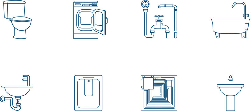 Minimalist blue vector line art icon set featuring bathroom plumbing fixtures and laundry utilities including toilet bathtub washing machine pipe sink isolated on white