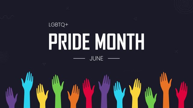 Animated LGBTQ Pride month, community campaign, social event, festival, parade or rally, people hold colourful hands up