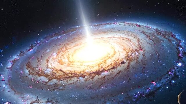 A bright spiral emits a powerful beam of light into the dark void of space