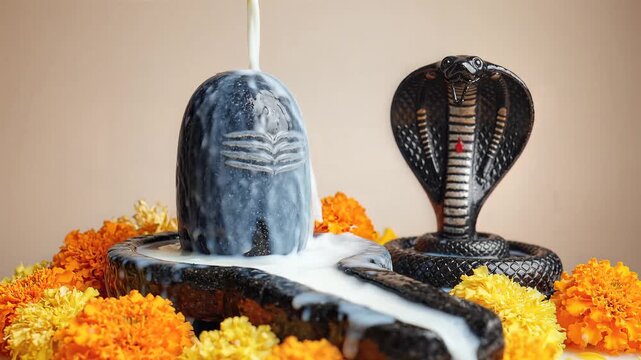 Nag panchami celebration with milk abhishekam on shiva lingam and snake