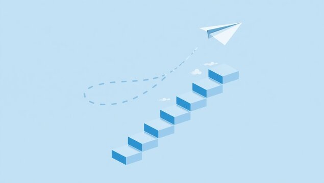 A paper airplane flying upwards above a flight of stairs representing business growth and progress to success