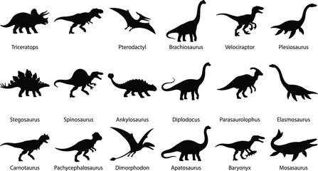 Prehistoric dinosaur and marine reptile silhouette vector illustrations featuring diverse species in dynamic poses and shapes © MdMoksed