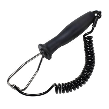 Black plastic handled fishing gaff with metal hook and coiled lanyard isolated on transparent background