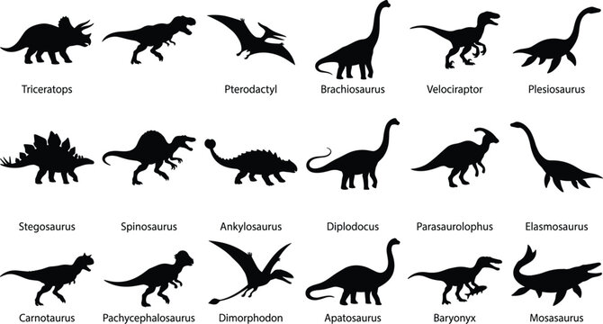 Prehistoric dinosaur and marine reptile silhouette vector illustrations featuring diverse species in dynamic poses and shapes