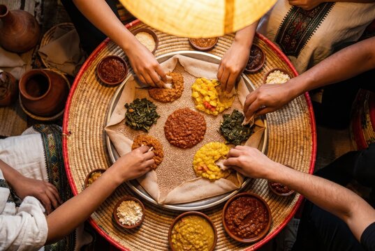 Ethiopian Injera Sharing Meal Hands Tray Traditional Food Culture