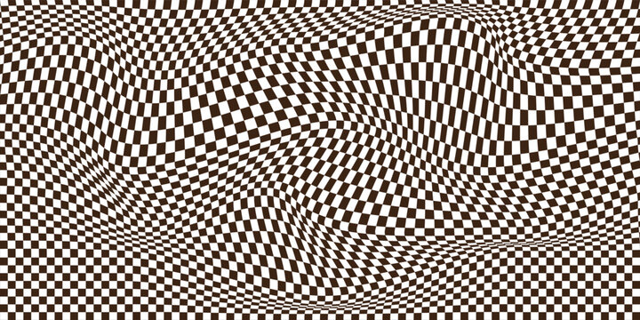 Wavy Checkerboard Optical Illusion Pattern in Black and White Abstract Distorted Grid Background
