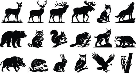Wild animal silhouette vector illustrations featuring deer, bear, wolf, fox, eagle, owl, and woodland creatures © MdMoksed